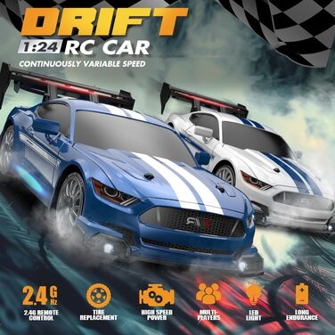 RC Автомобіль Drift Car 1:24 4WD 2.4GHz, 20 км/год, з LED підсвіткою та двома акумуляторами, для дітей (білий)