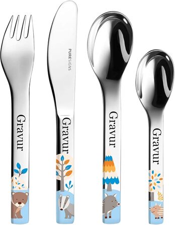 Дитячий набір посуду Kinderbesteck Friends з зображенням тварин та індивідуальною гравіюванням/іменем (лісові тварини: ведмідь, барсук, кабан)