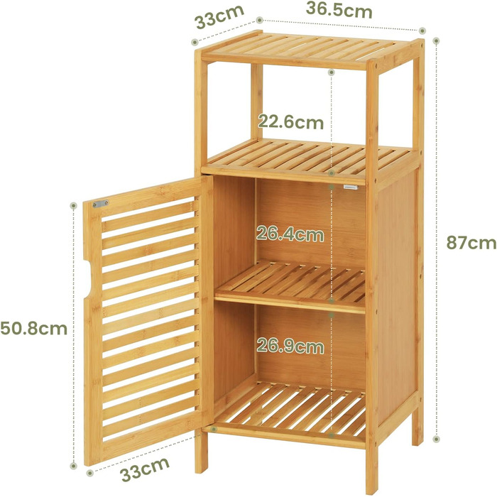 Бамбукова тумба для ванної кімнати з дверцятами, 3 полиці, для ванної кімнати, кухні, передпокою (36x32.5x85см)
