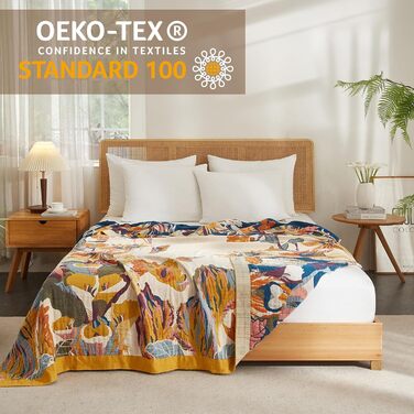 Богемна ковдра Boho Decke 100% бавовна – двостороння муслінова ковдра 150x200 см, м'яка ковдра для дивана та покривало для ліжка, естетичний дизайн, ідеально для вітальні та спальні, помаранчевий/зелений 150 x 200 см, Sommertanz