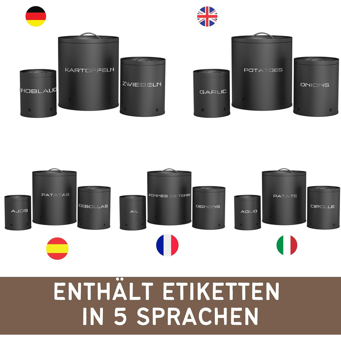 Коробки для зберігання картоплі, цибулі та часнику (набір 3 шт.) - Коробки для овочів з вентиляційними отворами, матовий чорний