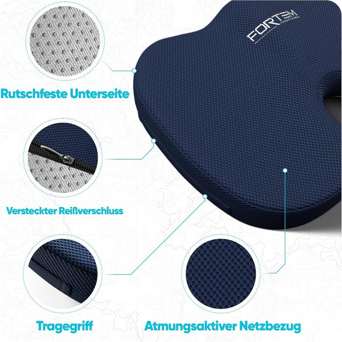 Подушка для сидіння та підтримки попереку FORTEM XL - м'яка, з memory foam, для офісного крісла, авто, геймінгу. Великий розмір, синій сітчастий матеріал