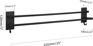 Вішалка для рушників без свердління, нержавіюча сталь, самоклеюча, подвійна з 2 гачками, настінне кріплення (чорна, 60 см)