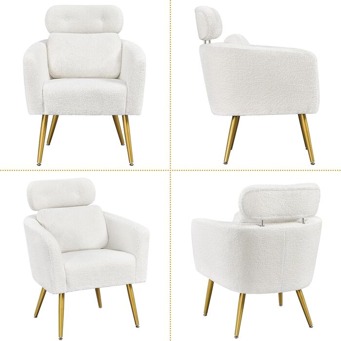 Крісло Yaheetech з тканини букле, м'яке, з регульованою підголівником, для вітальні/офісу, біле