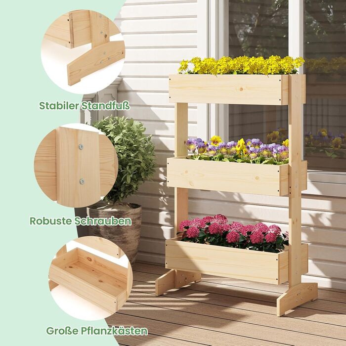 Вертикальна грядка COSTWAY з 3 ярусами, 6 контейнерами для квітів, дерев'яний ящик для тераси, балкона, саду 126x90x115 см (натуральне дерево)