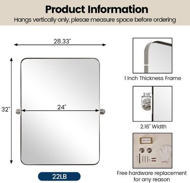 Дзеркало для ванної кімнати MOON MIRROR, прямокутне, з металевим каркасом, 50,8 x 71,1 см, чорне (нікель, 81.3 x 61 см)