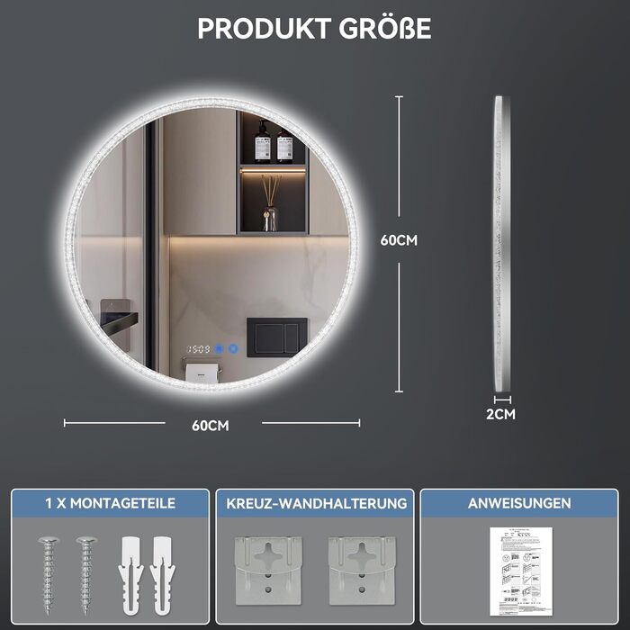 Дзеркало для ванної кімнати YOURLITE з підсвічуванням, діаметр 60 см, LED, 3 кольори, регулювання яскравості, сенсорна кнопка, антизапар, пам'ять, IP44, срібний
