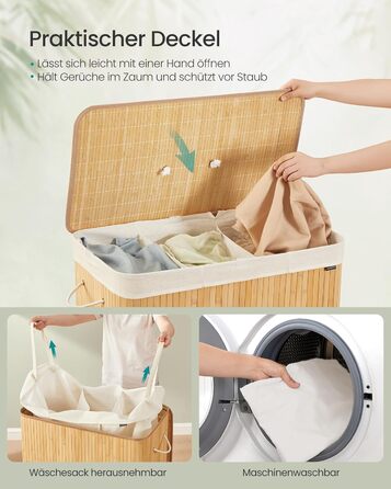 SONGMICS Кошик для білизни з кришкою, 2 відділення, бамбук, складний, знімний мішок для прання, з ручками, 170 л, для ванної кімнати, спальні, LCB014Y01