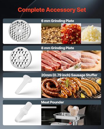 Електрична м'ясоподрібнювач VEVOR, 850 Вт, 3.2 кг/хв, з лезом та диском, для кухні та ресторану