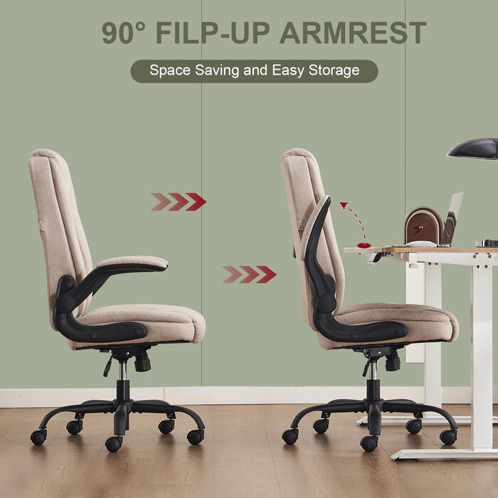 CASTLOVE Ергономічне крісло для офісу, комп'ютерне крісло, крісло для начальника з підйомними підлокітниками, висока спинка, функція гойдання, регульована висота, зручне, офісне крісло для дому, офісу, тканина, кремовий колір