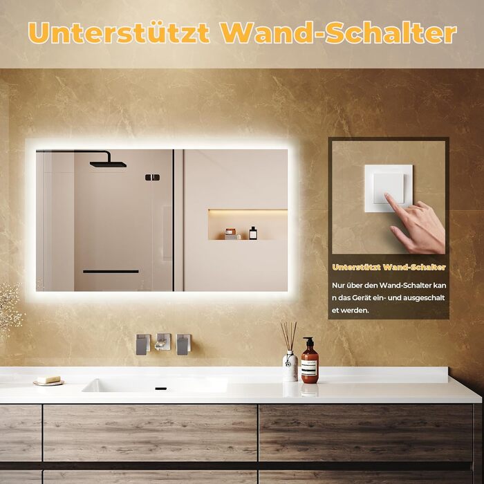 Дзеркало для ванної кімнати LOMIKEN з підсвічуванням, 60x50 см, LED, холодний білий світ, енергозбереження, вертикальне/горизонтальне кріплення, вимикач на стіні, матові краї