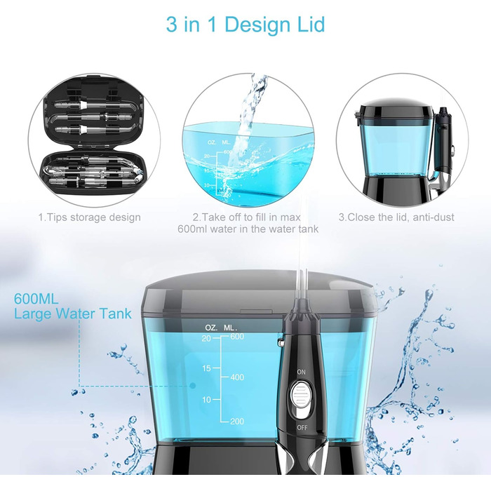 Електричний іригатор TUREWELL для ротової порожнини з 10 рівнями тиску та 8 насадками, IPX7, 600 мл, чорний