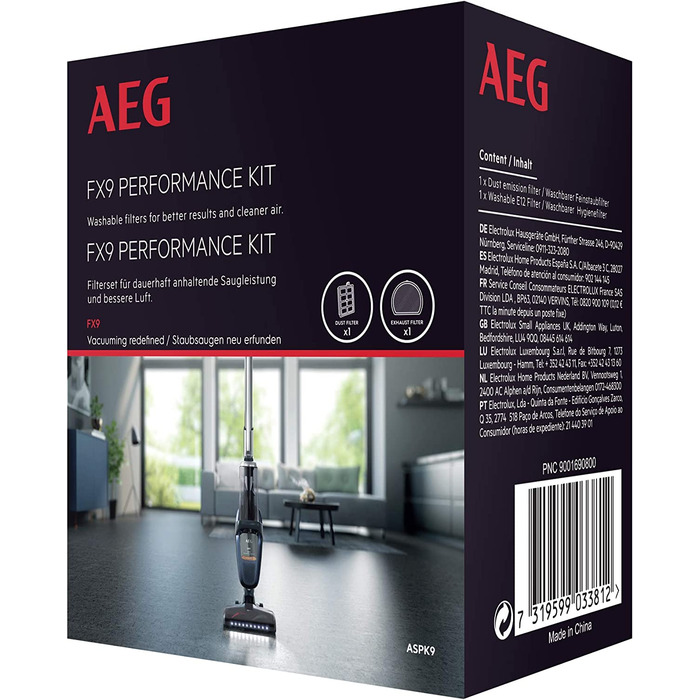 Комплект AEG ASPK9 для FX9 (1 гігієнічний фільтр, 1 фільтр перед двигуном, пилососний фільтр, можна прати, ефективність фільтрації більше 99, Покращена продуктивність всмоктування, підходить за розміром, чорний)