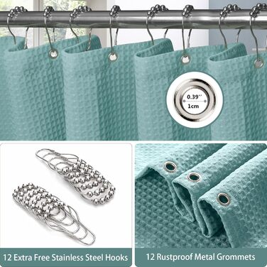 Шторка для душу з льону з металевими кільцями, тканинна, текстильна, для ванни, антигрибкова, водонепроникна, важка, для ванної кімнати, 182 x 182 см (Морська синя) (Вафля - Турквіс, H214 x B182 см (1 шт))