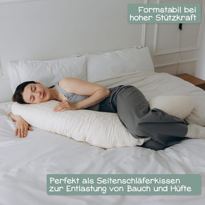 Подушка для годування Stillkissen XXL з органічної бавовни та наповнювачем з капоку | велика подушка для годування та пляшечки | вагітна подушка для сну на боці | антиалергенна та тиха | 190x30 см, кремовий колір, перкал