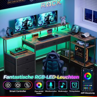 Комп'ютерний стіл Rolanstar L-подібної форми з шухлядами, геймінговий стіл з розеткою, LED-підсвітка та підставка для монітора 163 см, для офісу, робочого кабінету, спальні, білий (Вінтаж-коричневий)