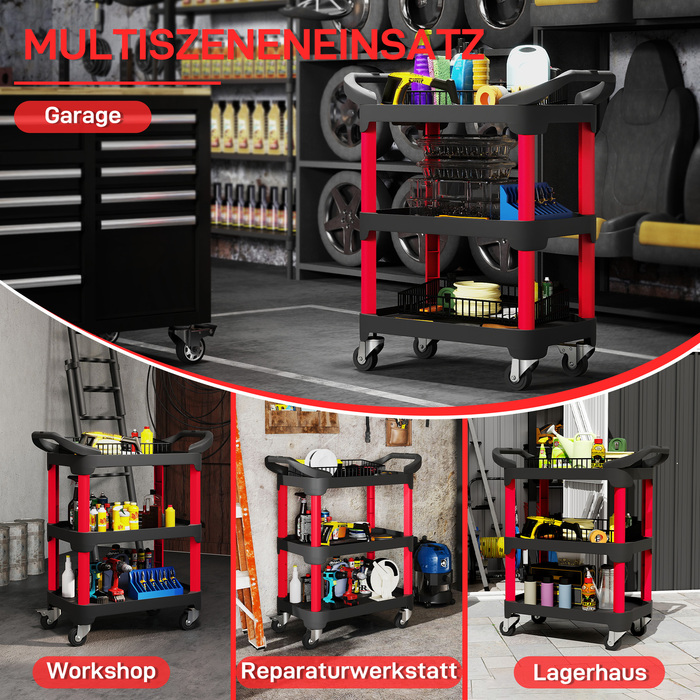 Навісний інструментальний ящик на 3 ящики з боковими ручками, колесами, з пластику, чорного кольору