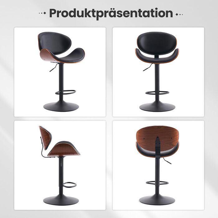 Барний стілець YOUTASTE з вигнутого дерева, 1 шт., 360° обертання, спинка та підніжка, PU-шкіра, для бару, кухні, бістро, білий (чорний)