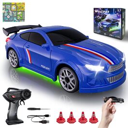 RC Дрифт-кар Mini Drift 1/64 з LED підсвіткою, 2 режими швидкості, 2.4GHz, блакитний – іграшка для дітей та дорослих, комплект з трасою та перешкодами