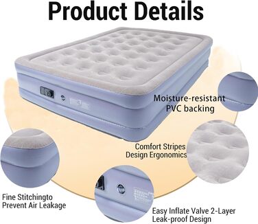 Надувне ліжко Icelus 204x153x23 см з повітряним насосом - ліжко для кемпінгу, подорожей та дому (2 особи)