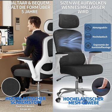 Офісне крісло TRALT Ergonomiczne - ігрове крісло з регульованою підголівником та підтримкою попереку, для дому та офісу, комп'ютерне крісло для великих людей, сітчасте крісло, 150 кг (білий, чорний)