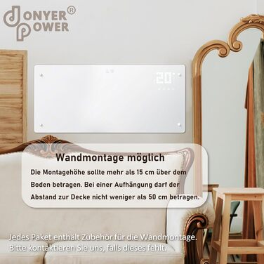 Конвектор DONYER POWER 2500W з Wi-Fi, 24H таймер, дистанційне керування, ультратонкий, настінний/підлоговий, білий