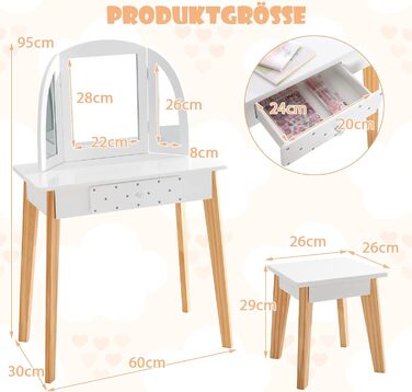 Набір дитячих туалетних столиків COSTWAY 2-в-1 з табуреткою, розкладним дзеркалом і ящиком для дівчаток (білий)