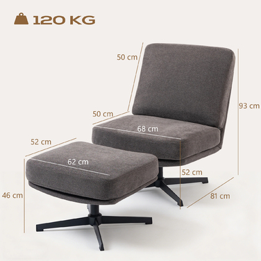 Крісло з пуфом, поворотне, м'яке крісло для вітальні з текстурою льону, темно-сірого кольору