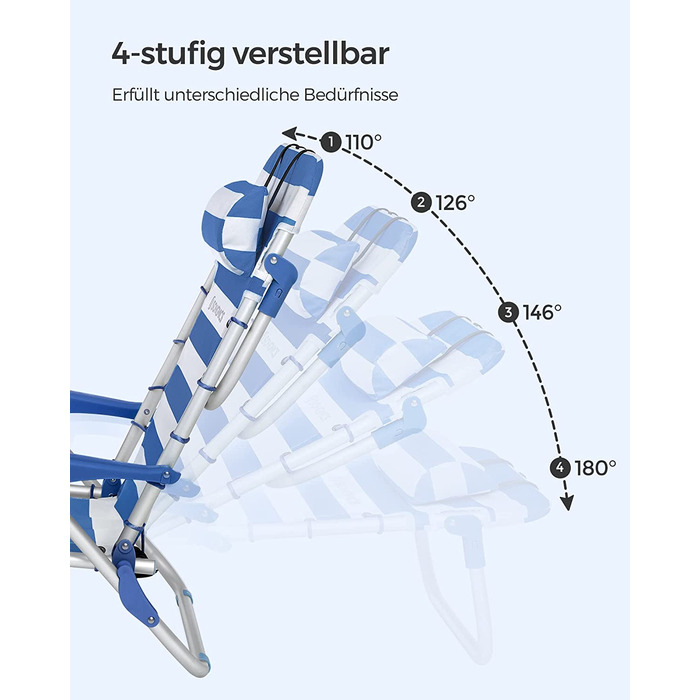 Пляжне крісло SONGMICS, Крісло для кемпінгу, Розкладне крісло, Відкритий стілець, Портативний, з плечовими ременями, Складний, Регульована спинка, З Підголівником, Підлокітники, 2 бічні кишені, Синьо-білий GCB62BU Синій Білий Смугастий
