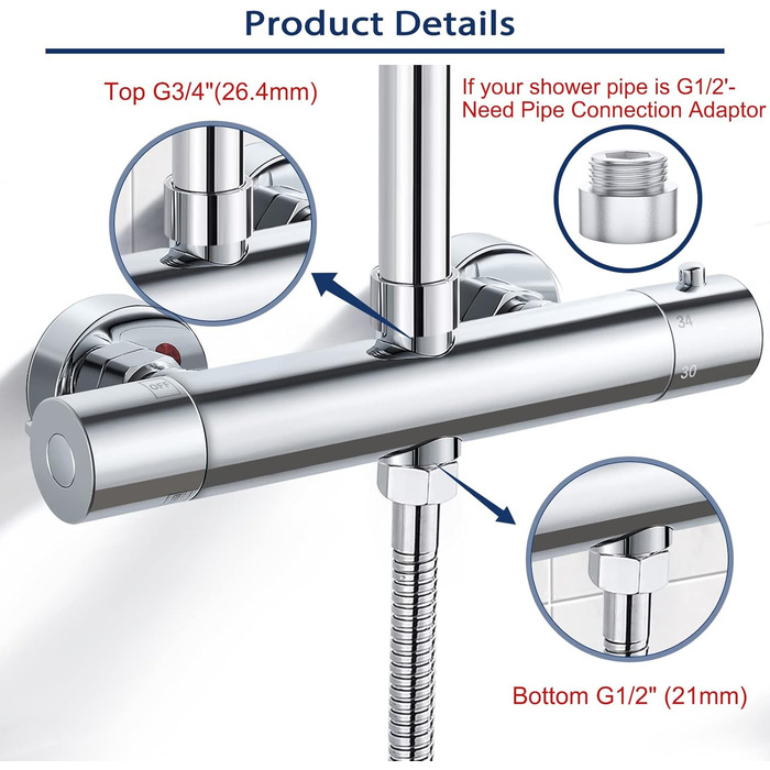 Змішувач для ванни з термостатом, накладний, хром, латунь, з кнопкою безпеки 38°C, для ванни, водопровідний кран, термостат для душу (2 отвори)
