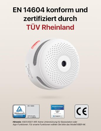 X-Sense Міні датчик диму з батареєю на 10 років та магнітним кріпленням, фотоелектричний, з кнопкою тестування/вимикання, XS01, 6 шт.