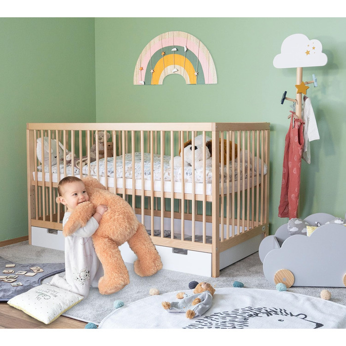 Дитяче ліжечко Alcube см Тоні виготовлене з високоякісної деревини бука, з накладними перекладинами і матрацом з шухлядою білого кольору (70х140, натуральне - з висувним ящиком)