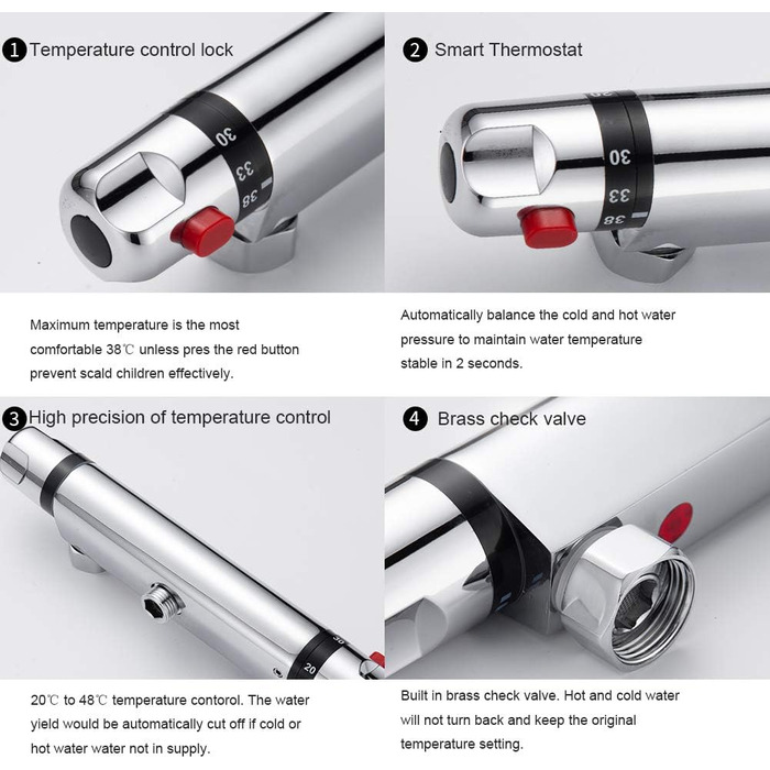 Змішувач для ванни з термостатом, накладний, хром, латунь, з кнопкою безпеки 38°C, для ванни, душ