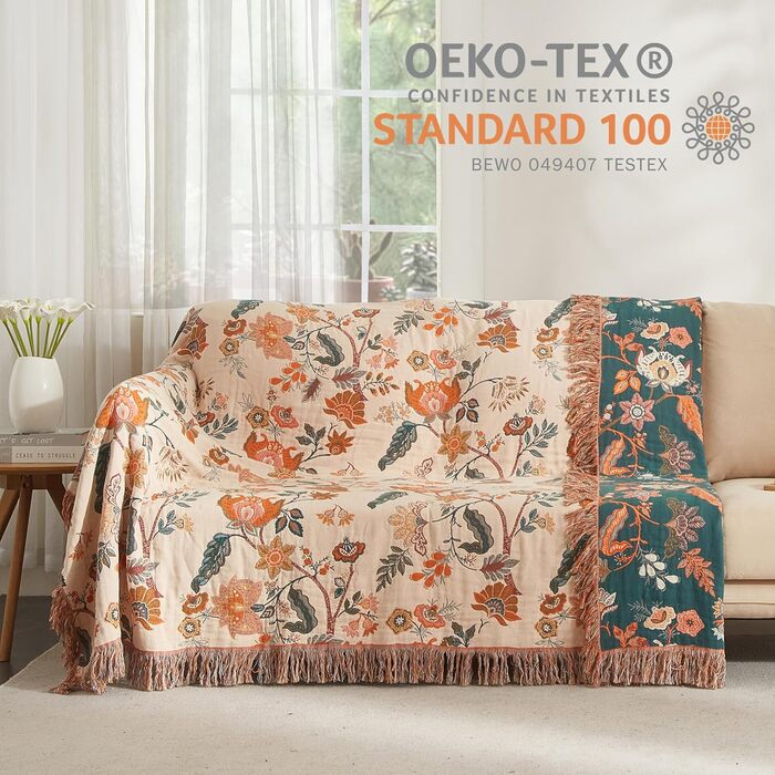 Богемна ковдра Softexly Boho Decke 100% бавовна – двостороння муслінова ковдра 150x200 см, м'яка софа/ліжко, естетичний дизайн, для вітальні та спальні, помаранчевий/зелений (230 x 250 см, Квіткова мелодія)