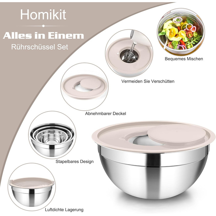 Набір мисок Homikit: 5 мисок з нержавіючої сталі з кришками та силіконовим дном, мультифункціональні, складані, придатні для миття в посудомийній машині, 6.6L / 3.5L / 2.5L / 1.5L / 1L (Хакі, з 3 тертками)