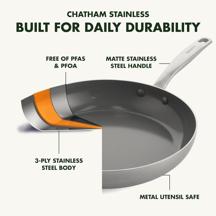 Сковорода GreenPan Chatham, 3-шарова, з нержавіючої сталі, керамічна, з антипригарним покриттям, 20,3 см, без PFAS, індукційна, можна мити в посудомийній машині
