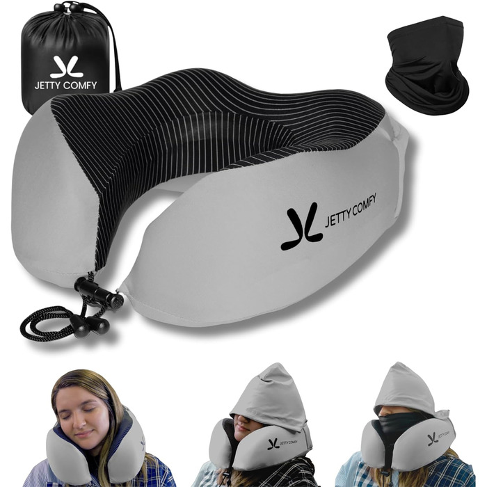 Подушка для шиї в подорожах з меморі-піною з капюшоном та захистом обличчя: підтримка шиї, зменшення навантаження та втоми, забезпечення приватності в літаку