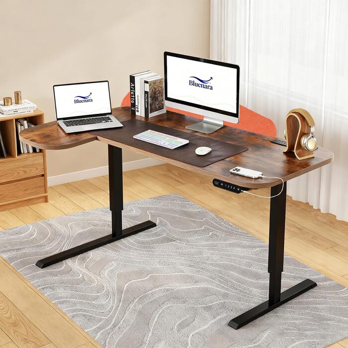 Електричний кутовий стіл з регулюванням висоти 150 см, L-подібний, з 4 пам'яттю, спліт-плита, для дому та офісу (150x68 см, коричнево-помаранчевий)