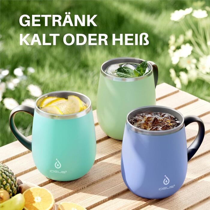 Кружка для кави та чаю Ideus 470 мл з нержавіючої сталі, подвійні стінки, ізольована, з неслизьким ручним тримачем та кришкою-модулем, великий об'єм, колір: трав'яний зелений