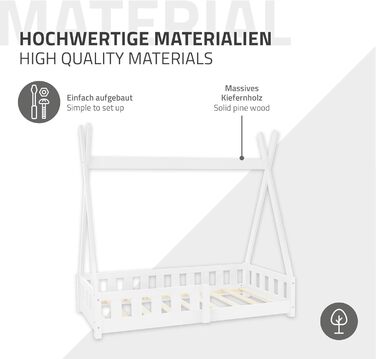 Дитяче ліжко-халапа Tipi 70x140 см біле з бортиками та ламелями, з сосни, індіанське ліжко для дівчаток та хлопчиків, будиночок-ліжко з огорожею, ліжко-халапа для дітей та підлітків, ігрове ліжко-намет