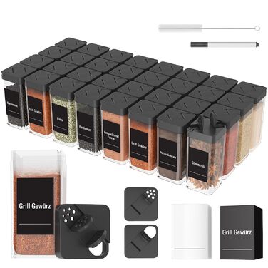 Набір кутових банок для спецій з кришкою, 32 шт по 120 мл, чорний, з дозатором та 120 етикетами