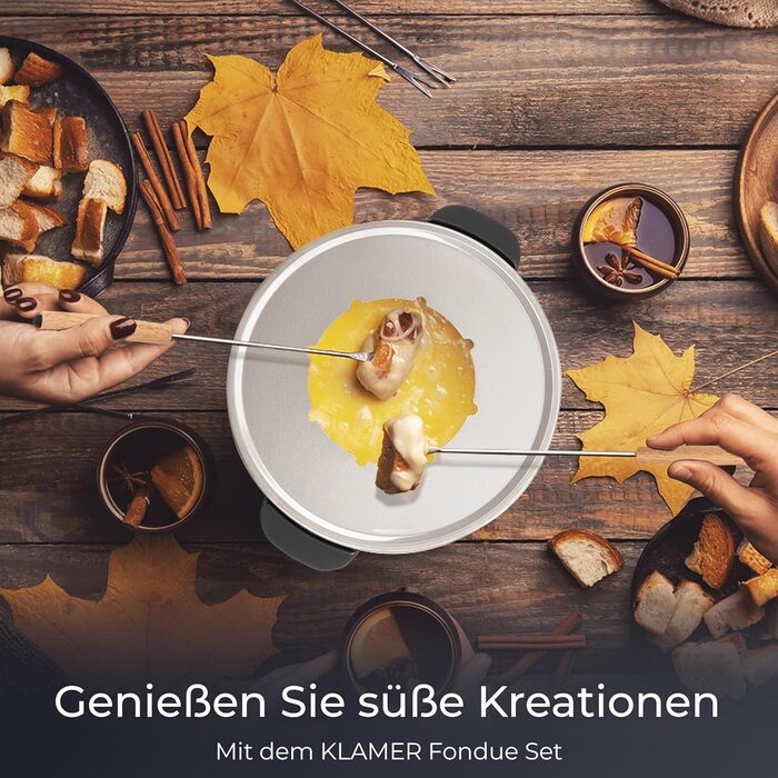 Електричний Фондю-набір KLAMER для 8 осіб з 8 виделок, регулювання температури, захист від бризок, посуд з алюмінію, екологічна обкладка з каучуку