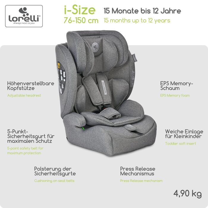Автокрісло Lorelli Adventure i-Size 9-36кг, сіре - з регульованою підголівником та 5-точковим ременем безпеки