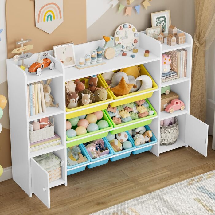 FOREHILL Дитяча полиця з 8 ящиками, дитячий шафа, книжкова полиця для дітей, органайзер для іграшок, меблі для дитячої кімнати, 138,8 x 94,3 x 29,6 см, білий (білий з зеленим)