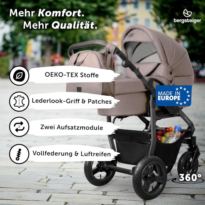Дитяча коляска 3-в-1 Bergsteiger Capri – люлька, автокрісло i-Size, прогулянковий блок, повітряні колеса, амортизація, регульована ручка, складна, аксесуари (колір: коричневий, рама: антрацит)