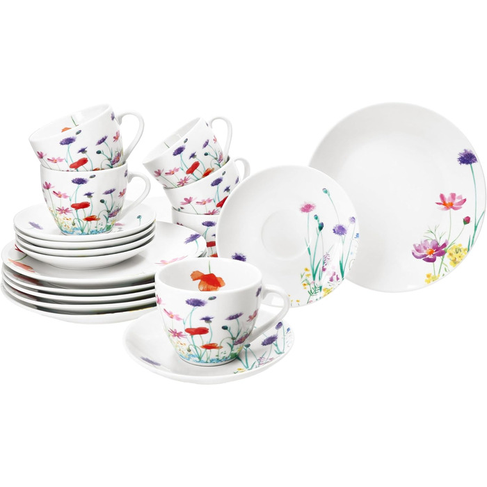 MamboCat Marie - 18-Piece Coffee Set | Porcelain Dinnerware with Floral Decor for 6 People | 6 Cups (190ml), Saucers & Plates for Breakfast & Coffee