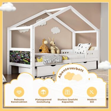 Двоспальне ліжко-хатинка для дітей 90x200 см з шухлядами, з натурального дерева (сосна), білий колір