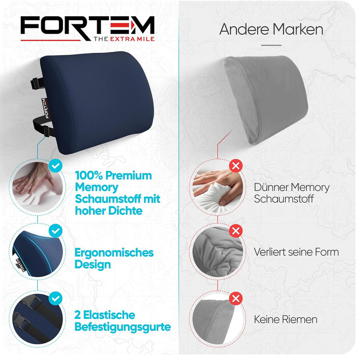Подушка під поперек FORTEM з ефектом пам'яті для авто, ігрового та офісного стільця, ортопедична підтримка спини з дихаючою знімною обкладинкою (Синій сітчастий матеріал)