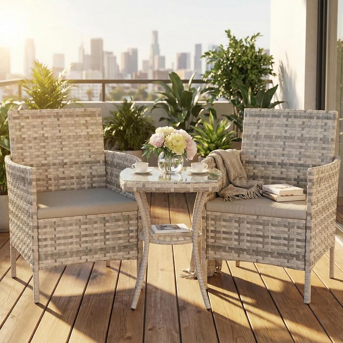 Набір садових меблів UDPATIO Lounge для балкона: стіл та 2 стільці, стійкий до погодних умов, для тераси та саду, поліротанг, 2 особи (кремовий, 3-частинний)