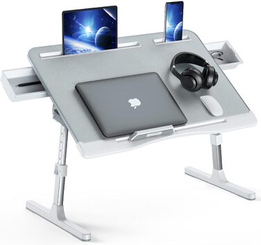 Регульований столик-підставка для ноутбука KLEAR - XL, сірий. Зручний для ліжка, дивану, підлоги. Подвійні висувні ящики.